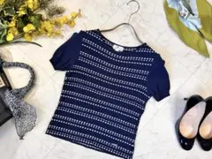 Courreges クレージュ 格子編み ニット プルオーバー 半袖ニット