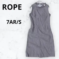 ロペ 千鳥格子 総柄 ワンピース ノースリーブ ひざ丈 7AR/S 濃紺 行事