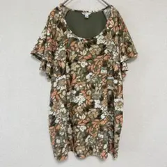★美品❣️花柄 チュニック フレア袖 カーキ Tシャツ 大きいサイズ 【3L】