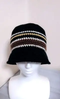 ブラック　バケットハット　クロシェハット　ニット帽　ハンドメイド