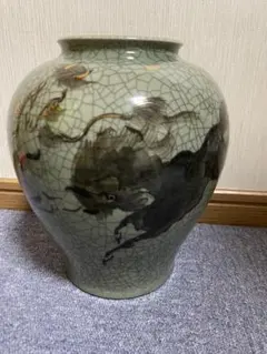 福島県伝統工芸品大堀相馬焼花瓶飾り壺17cm青ひび貫入金彩走り駒馬の