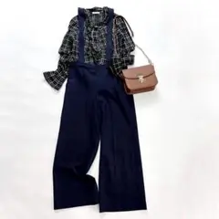 美品theoryセオリー サスペンダー付きワイドパンツ ネイビー4 大きいサイズ