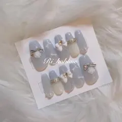 ネイルチップ現品フレンチガーリーちゅるんワンホン韓国ニュアンくすみブルーリボン