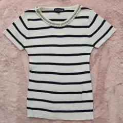 パール＆ビジュー付ボーダーニットTシャツ