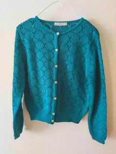 DoCLASSE グリーンレース編みクルーネックカーディガン　L