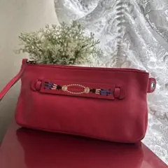 美品 ロンシャン ポーチ キュイール 本革 刺繍持ち手付き 赤のサムネイル