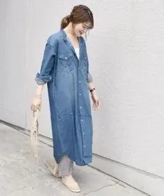 SHIPS シップス/Wrangler別注 ノーカラーデニムシャツワンピース