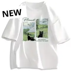 レディースネコTシャツM 黒猫イラスト 半袖Tシャツ ホワイト　新品　ねこ好き