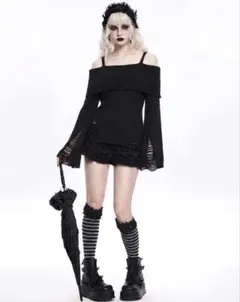 SHEIN ROMWE サブカル系 ダメージ加工 オフショルダー リブニット 黒
