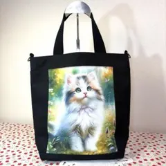 【美品】両面猫ちゃん柄 2WAYトートバッグ 帆布 黒 Dカン付