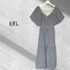 GRL グレイル ギンガムチェック ボリューム袖 ラップ ワンピース 紺 白