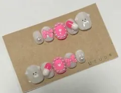 《K-68》ネイルチップ ガーリーくまネイル 蛍光ピンク 【現品】