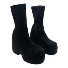 ブラック スエード 厚底ウェッジブーツ チャンキースタイル