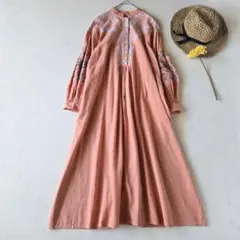 【チャイハネ】ハナドリ 刺繍ワンピース コットンリネン オレンジ パフスリーブ