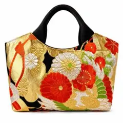 帯　トートバッグ　ハンドバッグ　1点物　和物　着物　浴衣　ハンドメイド　花柄黒のサムネイル