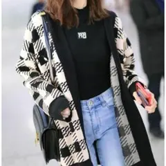 【新品未使用】チェック柄 長袖 　ニット カーディガン 秋冬 韓国　海外