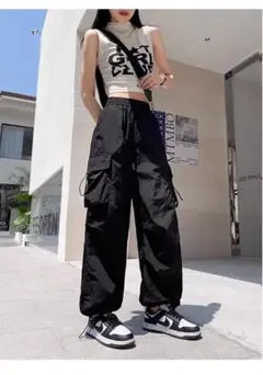 カーゴパンツ ワイドパンツ 黒 XL ストリート スノーカモ 韓国 裾絞り