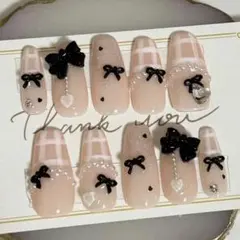 ネイルチップ 現品 乳白色 ピンク リボン ハート チェック フレンチガーリー