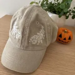 ロペピクニックパサージュ　コーデュロイ キャップ ベージュ 花柄刺繍　レディース