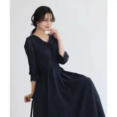 【PourVous】Vネックワンピースドレス(ネイビー) 大きい　XXLのサムネイル