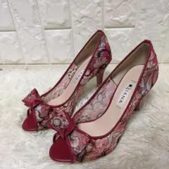 新品♢ダイアナ フラワー レース リボン パンプス 花柄 オープントゥ 赤