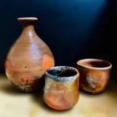 【極美品】備前焼 酒器セット◆小山末廣 作 徳利 ＆ 難波周作 作 ぐい呑み2客のサムネイル