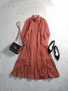 ナノユニバース 微光沢 ティアード切り替え フレア ロング シャツ ワンピース