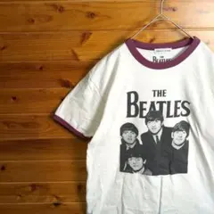 ★　リンガーTシャツ　THE BEATLES　ビートルズ　白　赤茶色　L　古着
