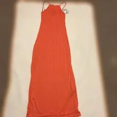 オレンジ ノースリーブ ニットロングワンピース