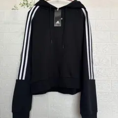 新品　アディダス　3ストライプ　クロップドパーカー　ブラック　JMサイズ
