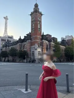 赤カラードレス オフショルダー 編み上げ