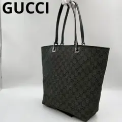 訳あり品　グッチ　GGキャンバス　トートバッグ　レザー縁　大容量　ブラック