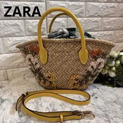 ZARA 刺繍 カゴバッグ かごバッグ イエロー ハンドバッグ ショルダー付き