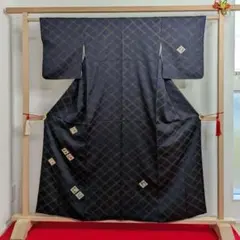 【付下げ】着物 紺色 刺繍 花柄　ふわふわ　紅葉 格子　身丈158cm