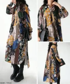 patterntorso レトロ配色シャツワンピース アンティカ