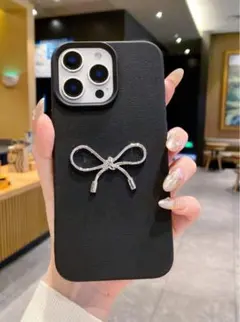 韓国 iPhoneケース レザー ブラック 黒 リボン パーツ