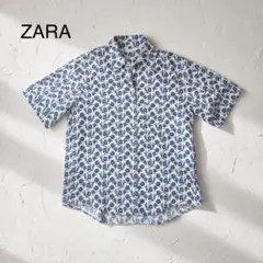 ZARA 花柄　ブルー　半袖シャツ　S