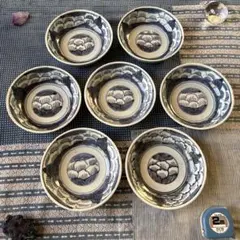 古伊万里　染付　膾皿　白梅　唐草　7客揃い