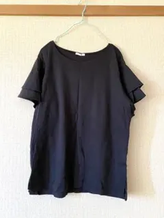 GU フリル袖 ストレッチ　カットソー 半袖 無地 ブラック　Lのサムネイル