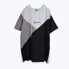 シーイン 配色パーカーTシャツ 半袖フーディー モノトーン バイカラー