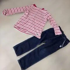 ミキハウス 長袖カットソー ボーダー ピンク　デニムパンツ