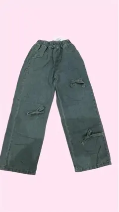 新品・タグ付。イオソノマオ リボンデザイン デニム ワイドパンツ 12Y