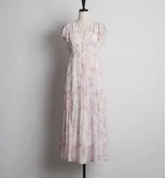 パール付きネックリボン水彩ラインフラワープリーツワンピース