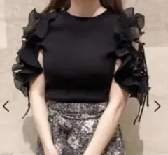 フリルスリーブニットプルオーバー ブラック　　blk