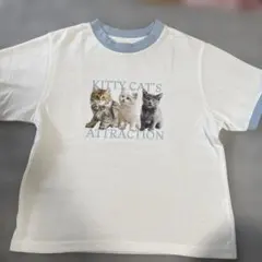 猫プリント Tシャツ ホワイト×ブルー