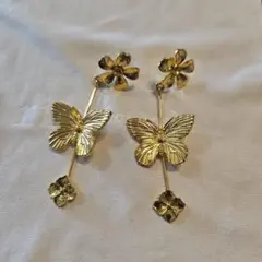 蝶と花のロングピアス ゴールドトーン ブライダルアクセサリー