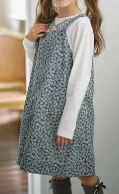 【美品】　組曲　モノトーンフラワーコーデュロイ ワンピース　160 ブルー系