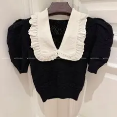 Bibiy ビビィ B.ケーブルパフニット 半袖 紺 Bロゴ パフスリーブニット
