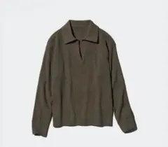 【美品】ユニクロ　ウォッシャブルニットリブポロセーター M ダークグリーン