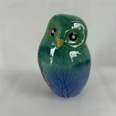 九谷焼　フクロウの陶器置物 緑と青のグラデーション　オブジェのサムネイル